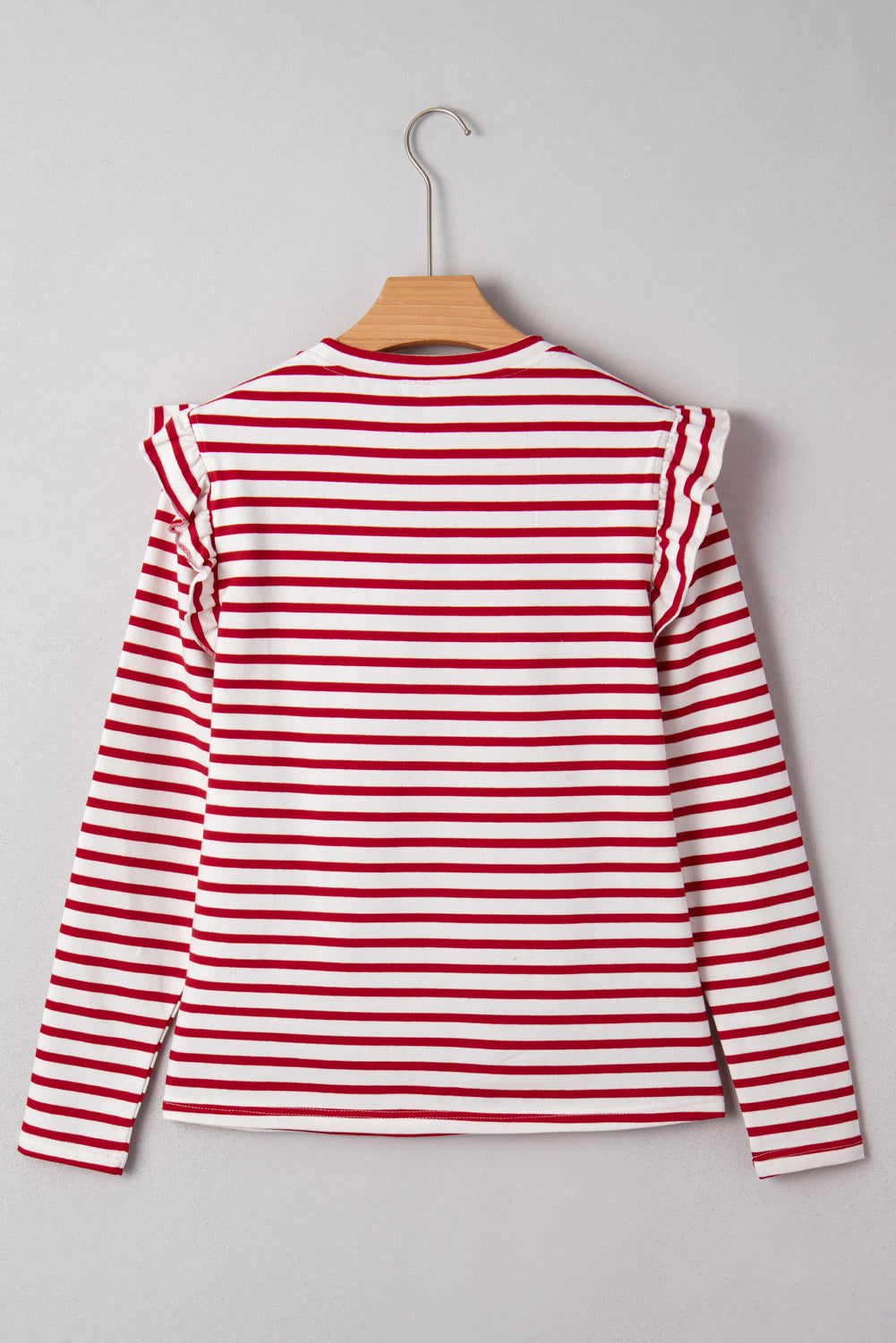Red Stripe Ruffle Trim Long Sleeve Round Neck Top