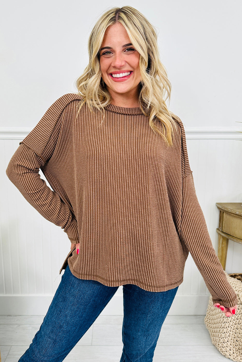 Dark Khaki Twist Ribbed Long Sleeve Loose Top