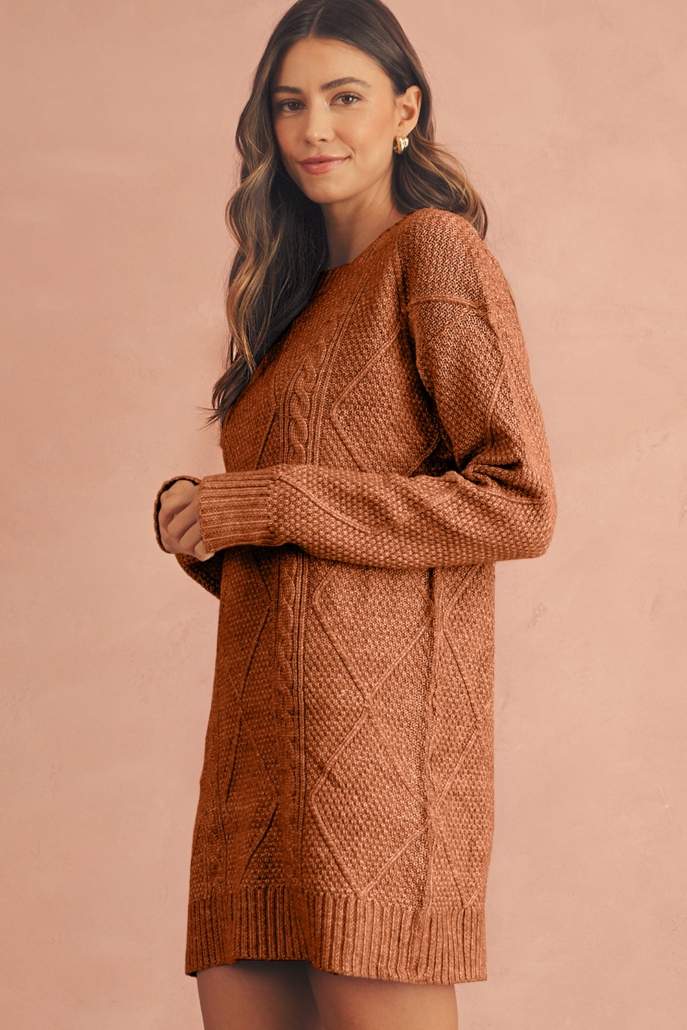 Parchment Twist Cable Knit Loose Fit Sweater Dress