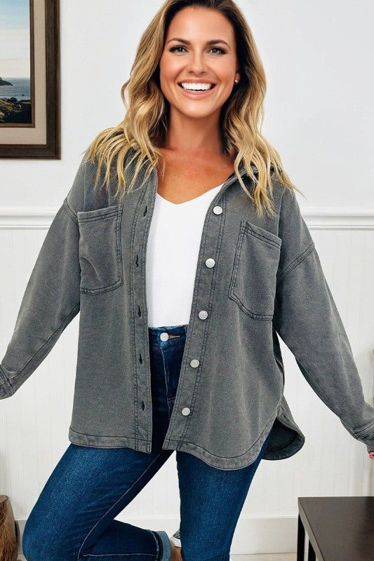 Mineral Wash Drop Shoulder Chest Pocket Shacket