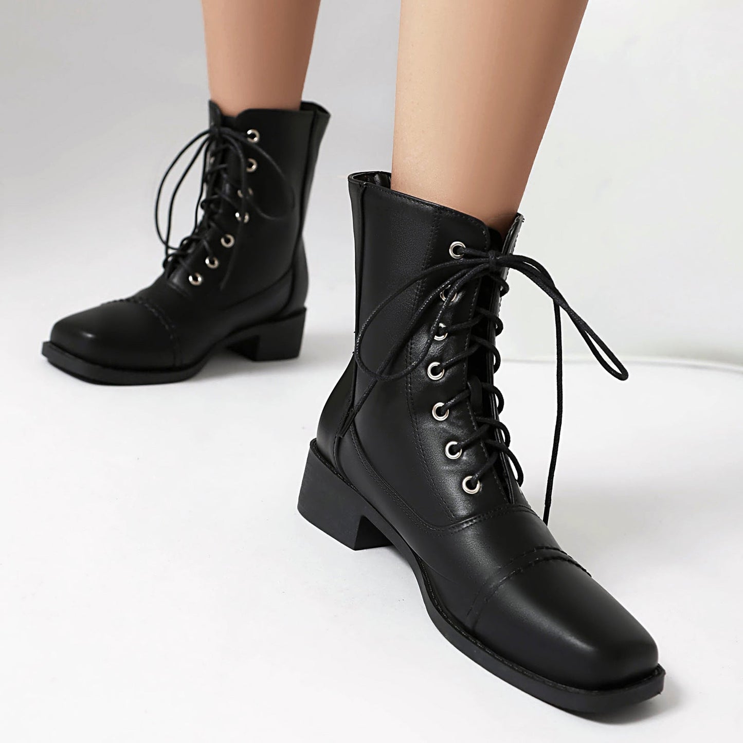 Women’s Lace-Up Square Toe Comfortable Motorcycle Boots