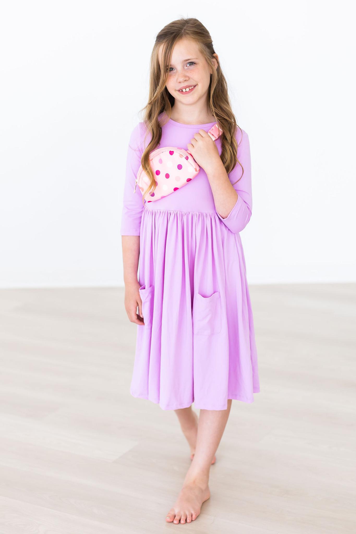 Bright Lilac 3/4 Sleeve Twirl Dress with Pocket