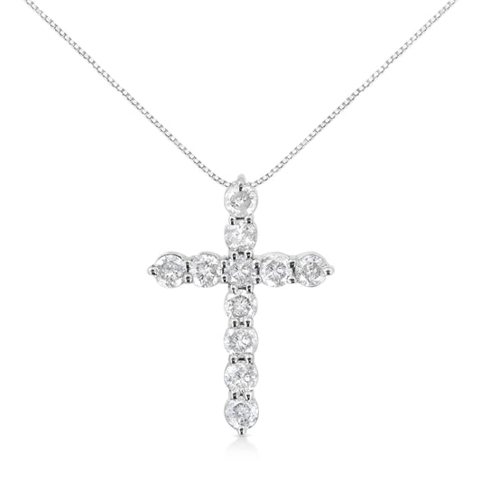 .925 Sterling Silver 1.0 Cttw Prong Set Round-Cut Diamond Cross 18" Pendant Necklace (I-J Color, I2-I3 Clarity)