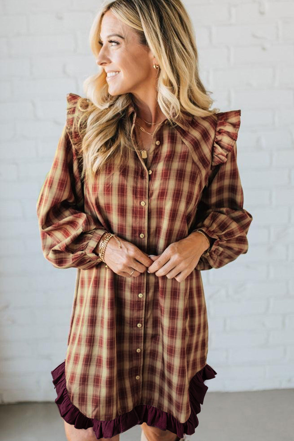Red Plaid Print Ruffled Long Sleeve Mini Shirt Dress