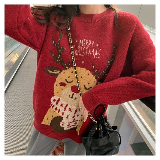 Women's Padded Christmas Elk Sweater Simple Polyester