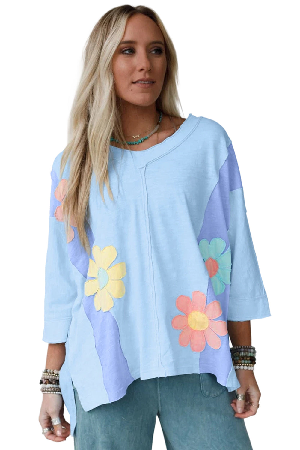 Green Flower Patched Exposed Seam 3/4 Sleeve Top