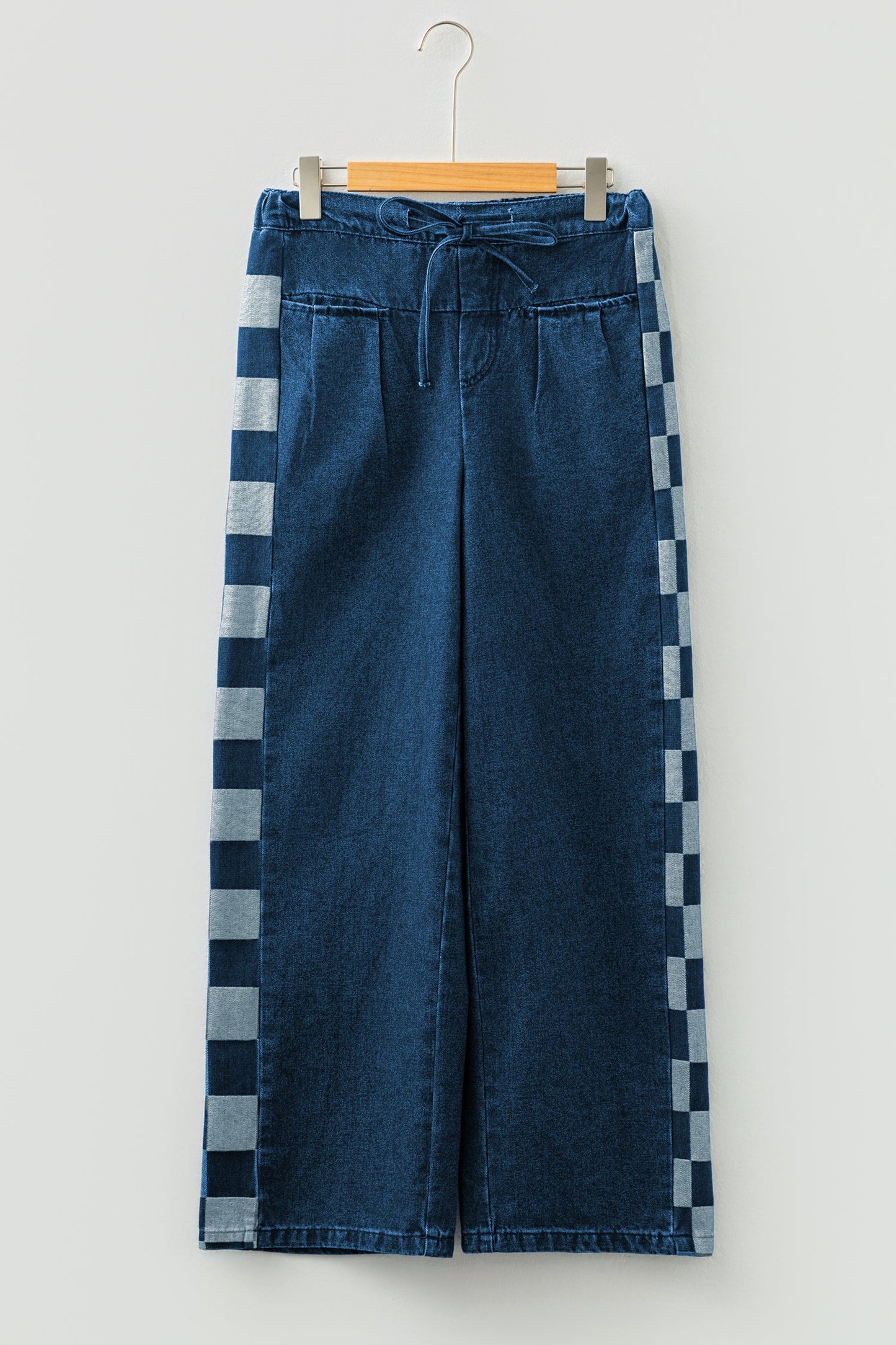 Blue Checkered Side Panel Patchwork Drawstring Loose Denim Pants