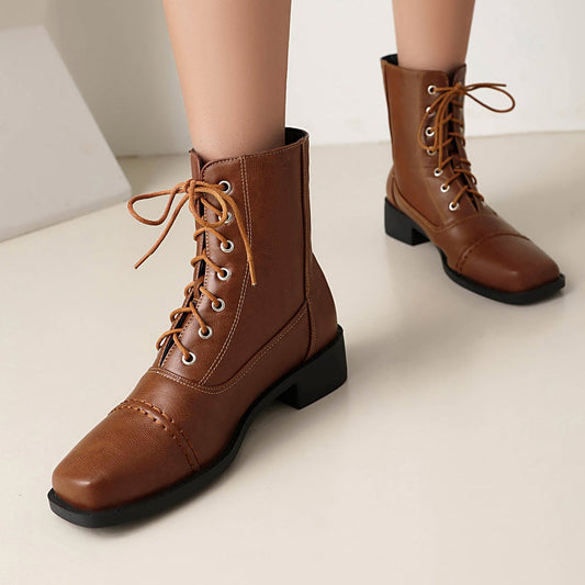 Women’s Lace-Up Square Toe Comfortable Motorcycle Boots