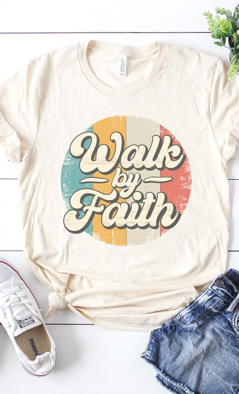 Walk By Faith Vintage Retro Graphic Tee Cotton Blend