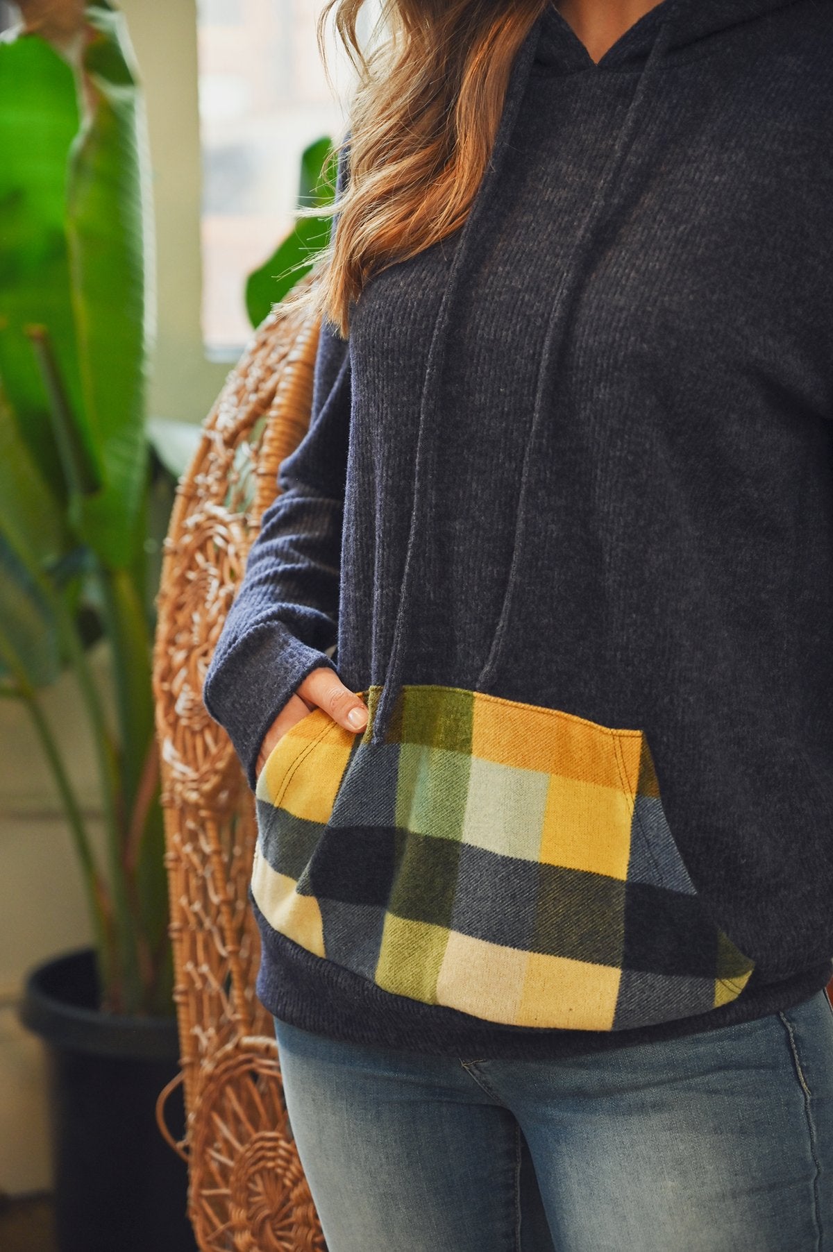 Hacci Brushed Plaid Kangaroo Pocket Hoodie Long Sleeve Hoodie Hacci