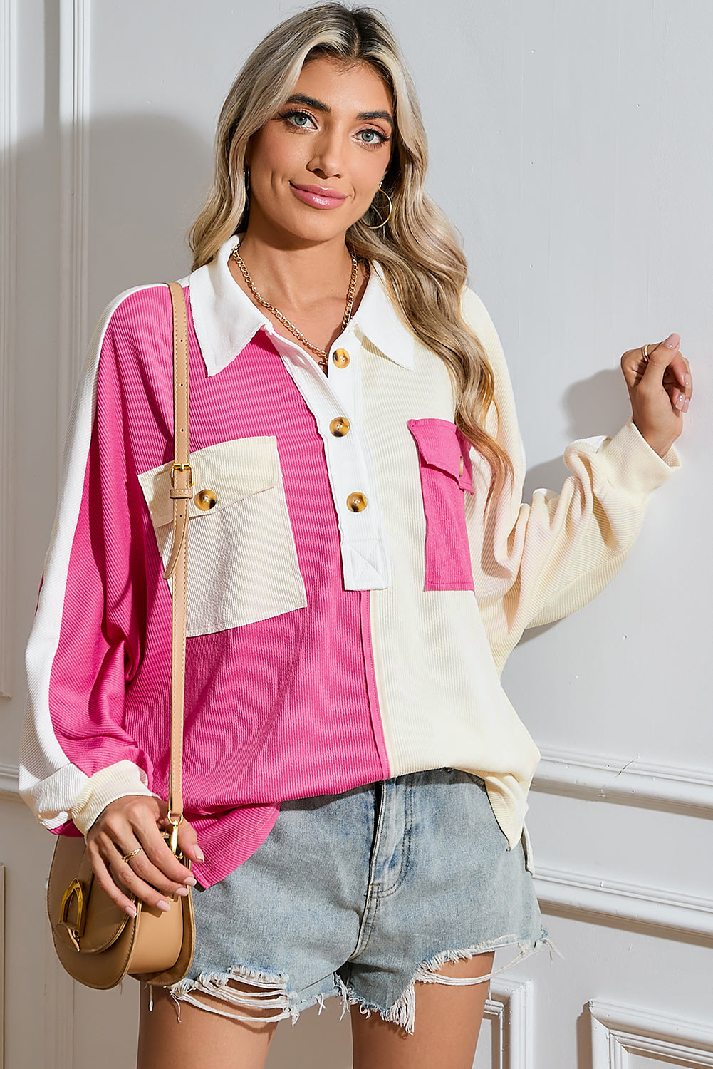 Gray Patchwork Ribbed Oversized Henley Sweatshirt