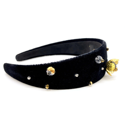 Canna Crystal Embellished Headband Black Suede ADIBA