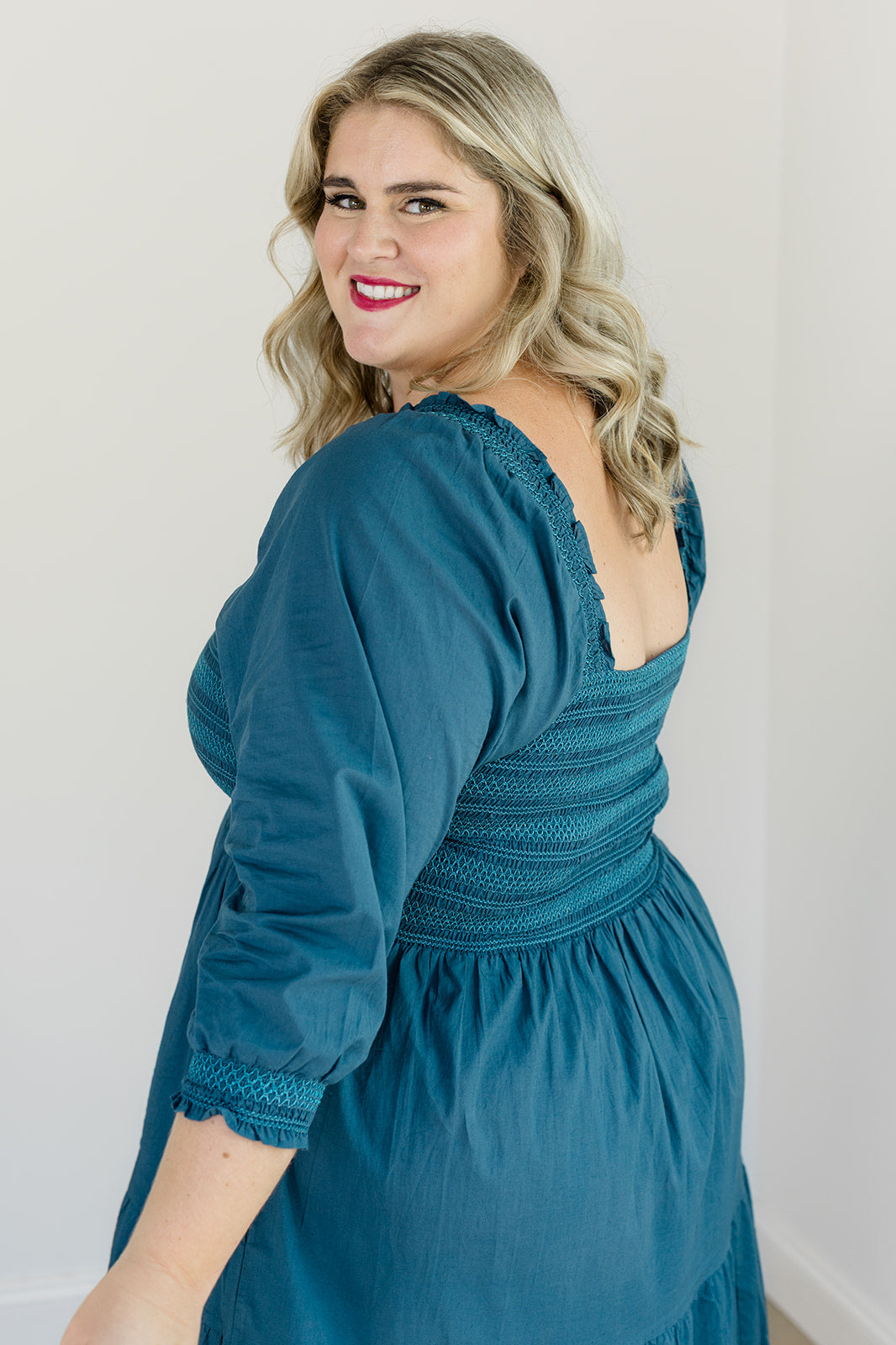 Teal Embroidered Smocked Midi Dress The Jenna Dress Carla Kiley Collection