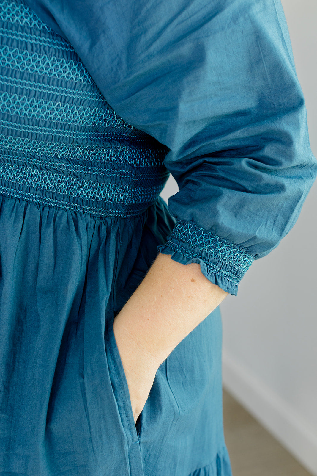 Teal Embroidered Smocked Midi Dress The Jenna Dress Carla Kiley Collection