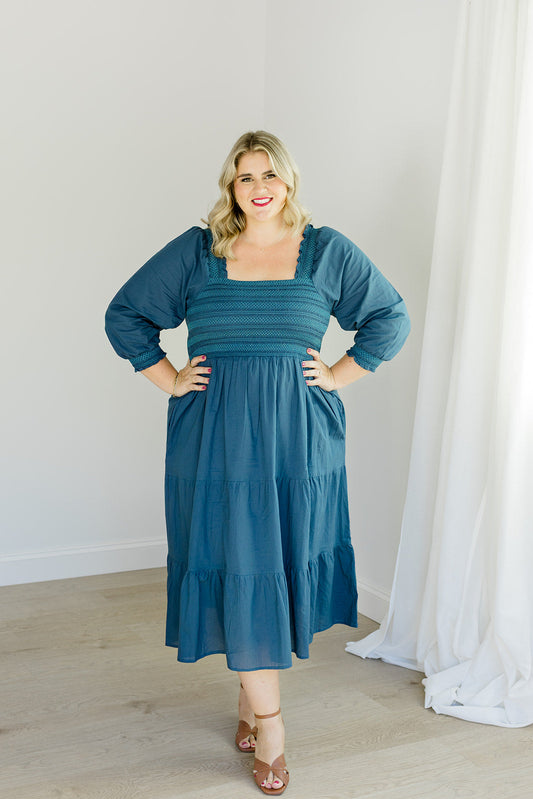 Teal Embroidered Smocked Midi Dress The Jenna Dress Carla Kiley Collection