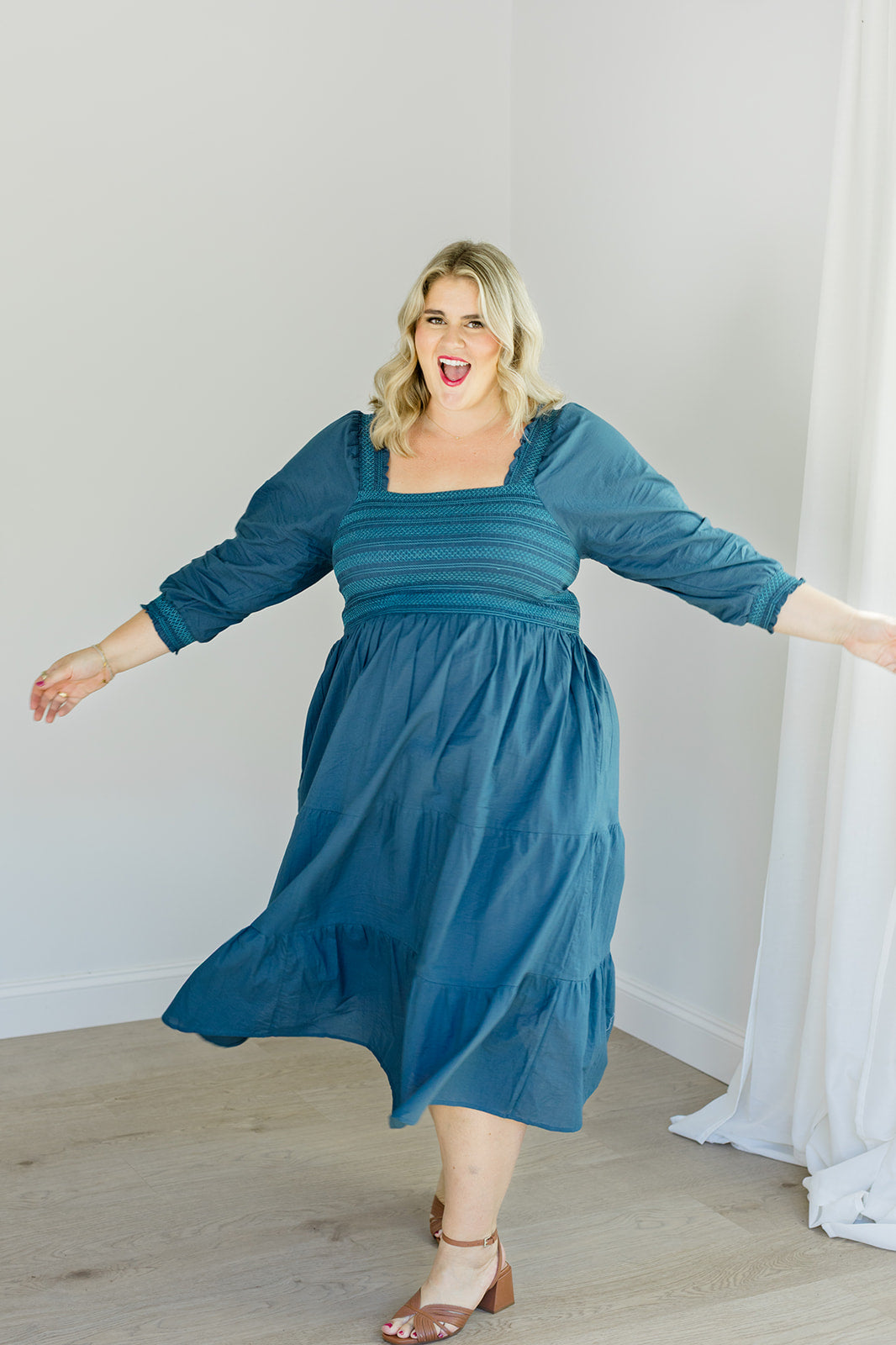 Teal Embroidered Smocked Midi Dress The Jenna Dress Carla Kiley Collection