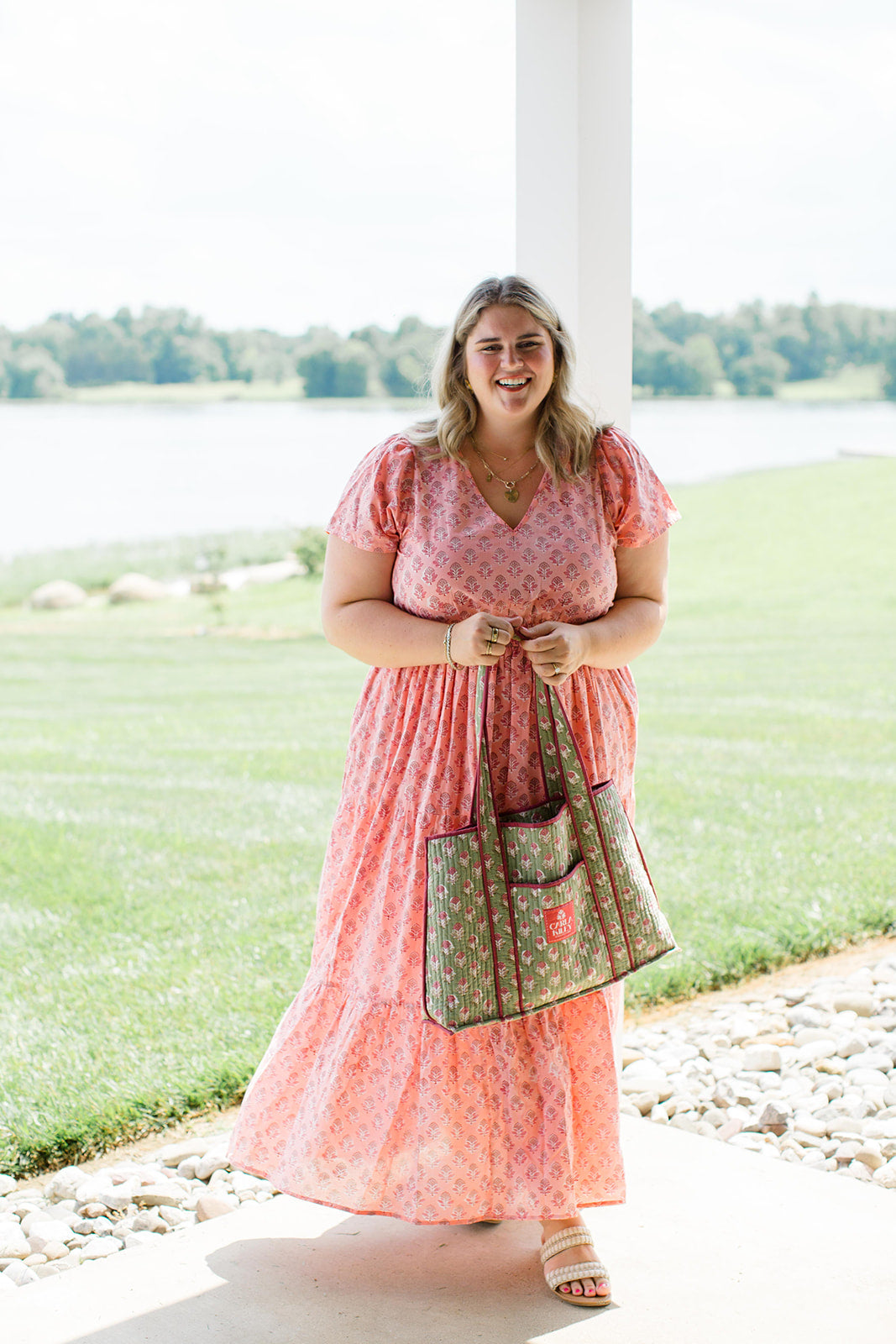 Sarah Peach Cobbler Maxi Dress Elastic Waist Carla Kiley Collection