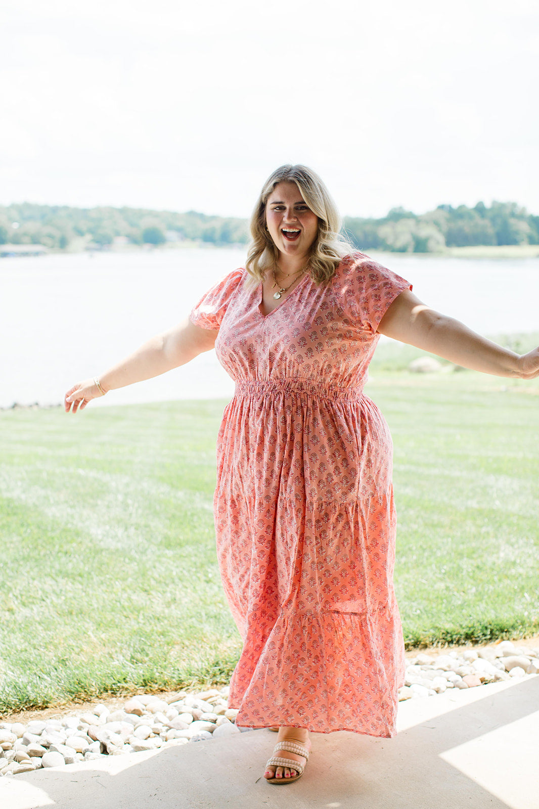 Sarah Peach Cobbler Maxi Dress Elastic Waist Carla Kiley Collection