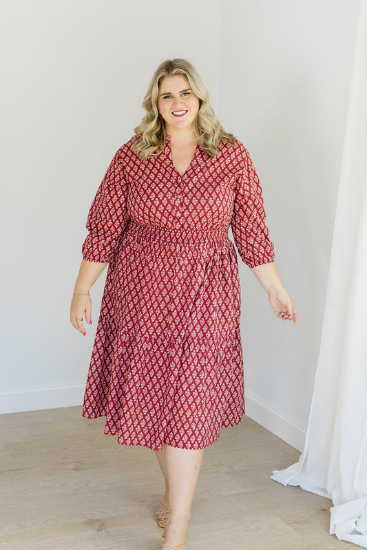 Francesca Midi Dress Spiced Merlot Cotton Cambric Carla Kiley Collection