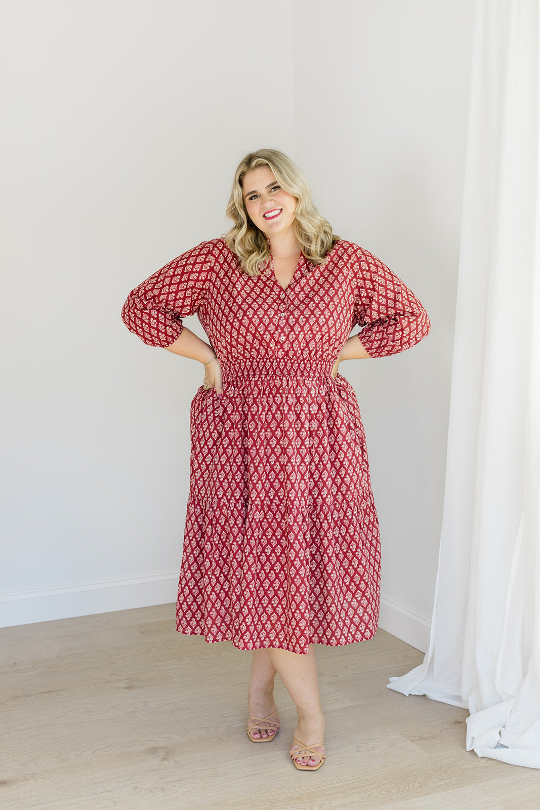 Francesca Midi Dress Spiced Merlot Cotton Cambric Carla Kiley Collection