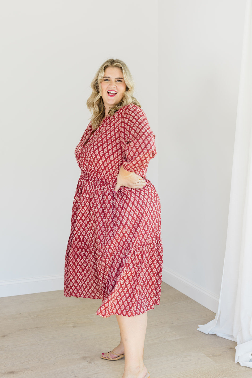 Francesca Midi Dress Spiced Merlot Cotton Cambric Carla Kiley Collection