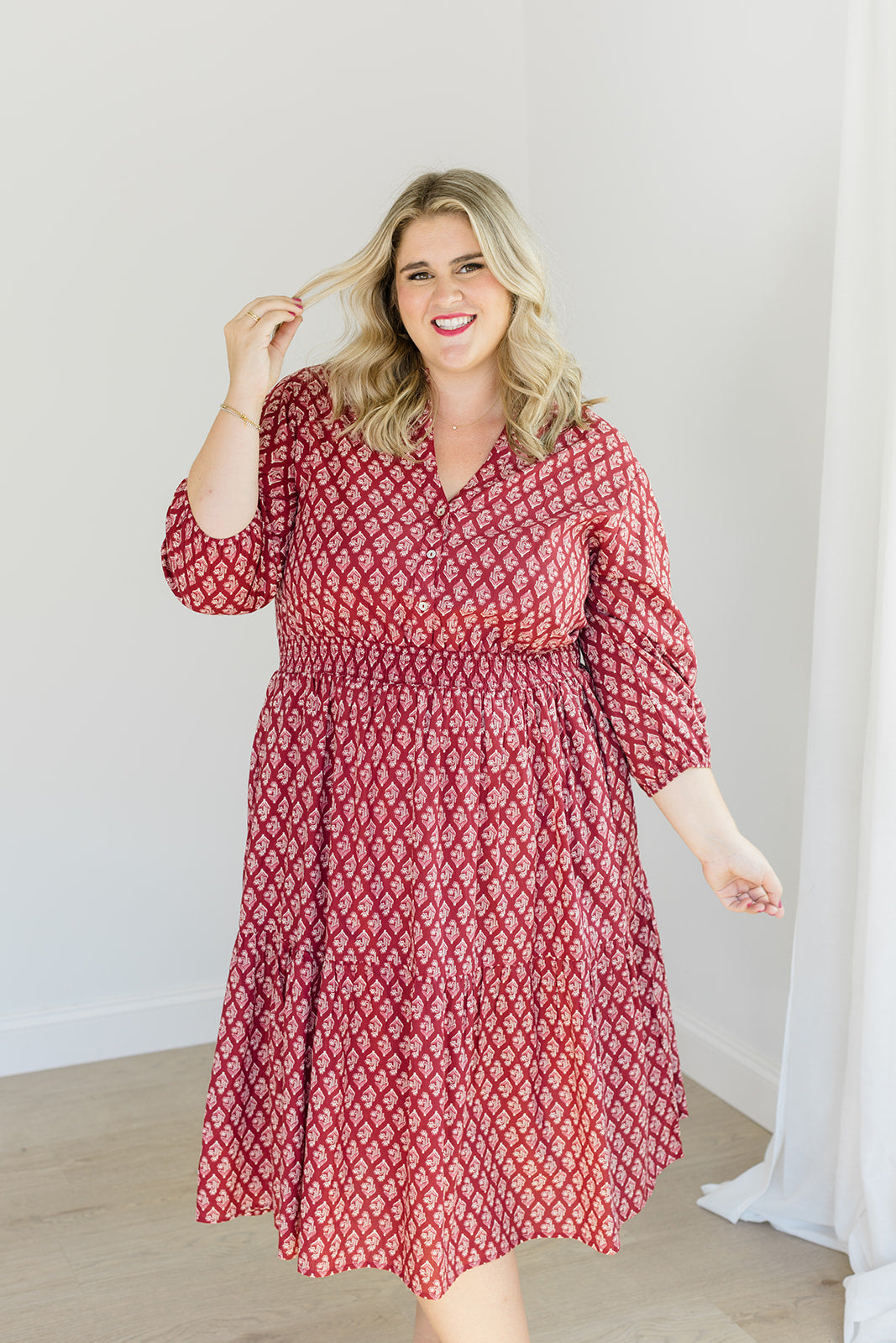 Francesca Midi Dress Spiced Merlot Cotton Cambric Carla Kiley Collection