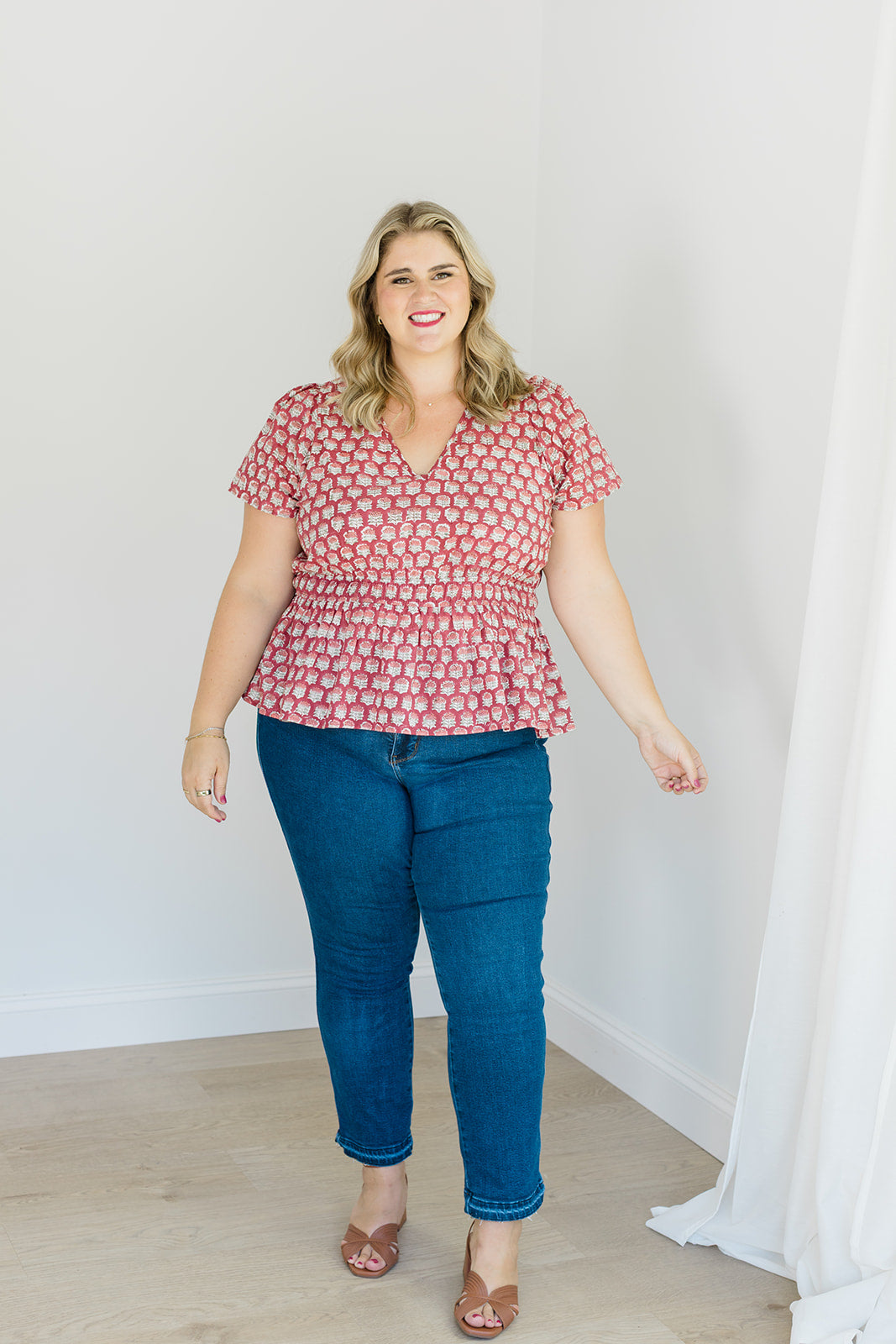 Judy Top Crimson Grove V-Neck Blouse Carla Kiley Collection