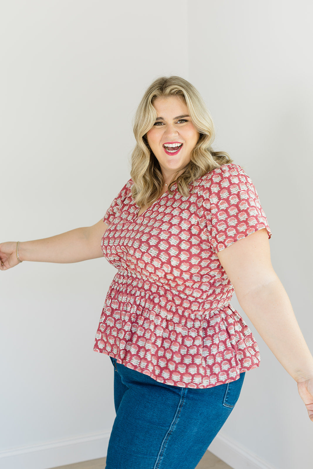 Judy Top Crimson Grove V-Neck Blouse Carla Kiley Collection