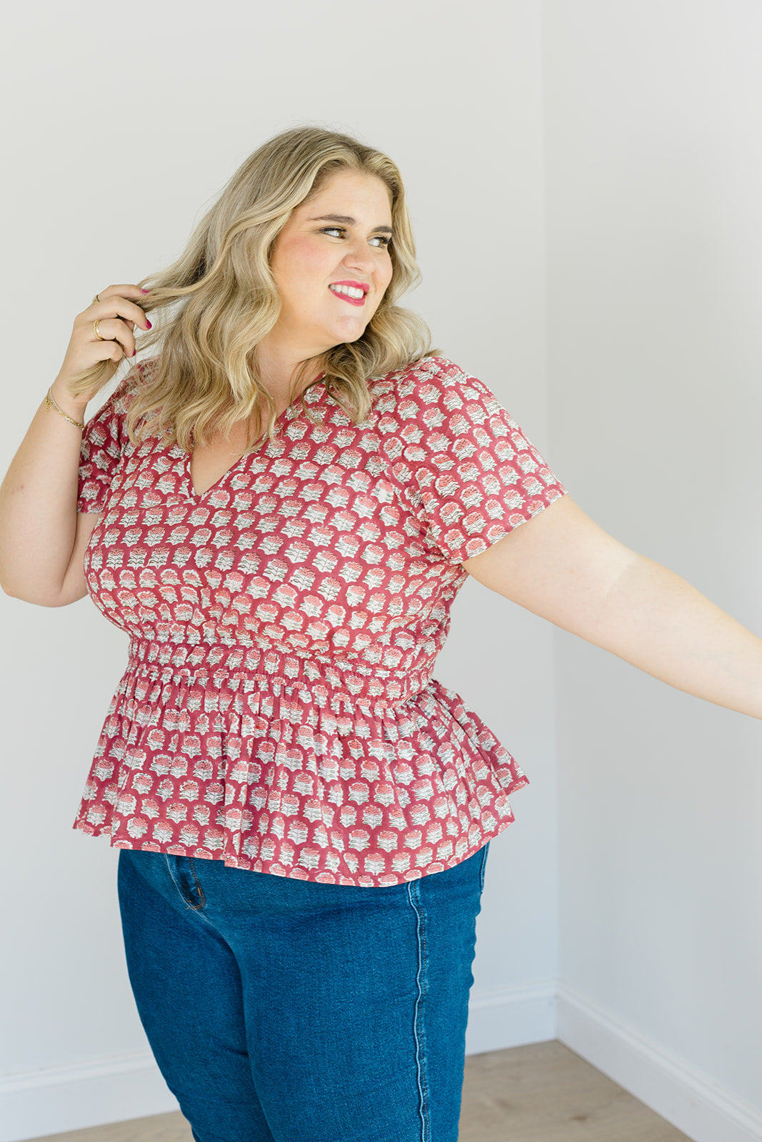 Judy Top Crimson Grove V-Neck Blouse Carla Kiley Collection