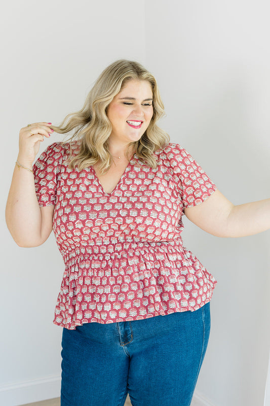 Judy Top Crimson Grove V-Neck Blouse Carla Kiley Collection