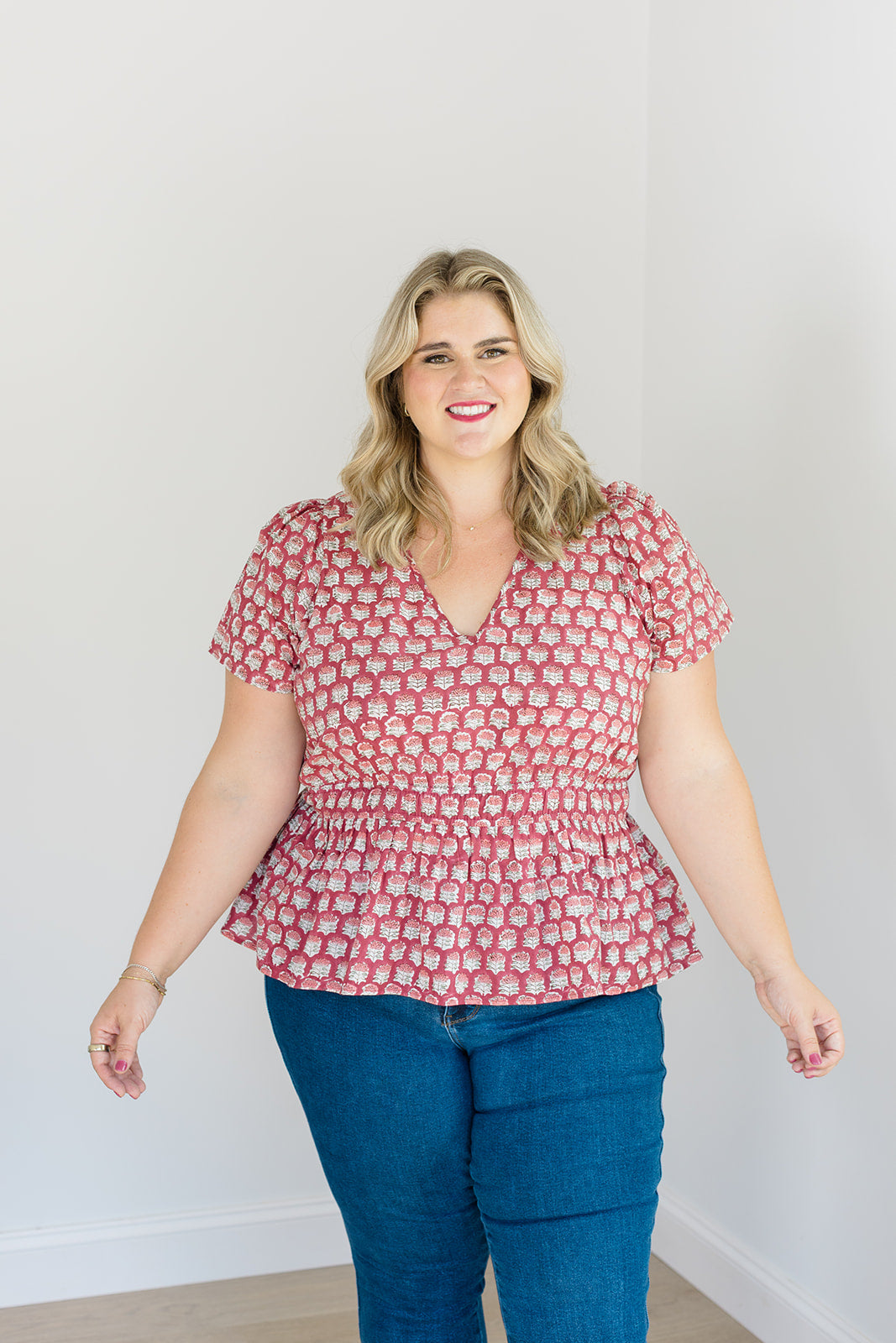Judy Top Crimson Grove V-Neck Blouse Carla Kiley Collection