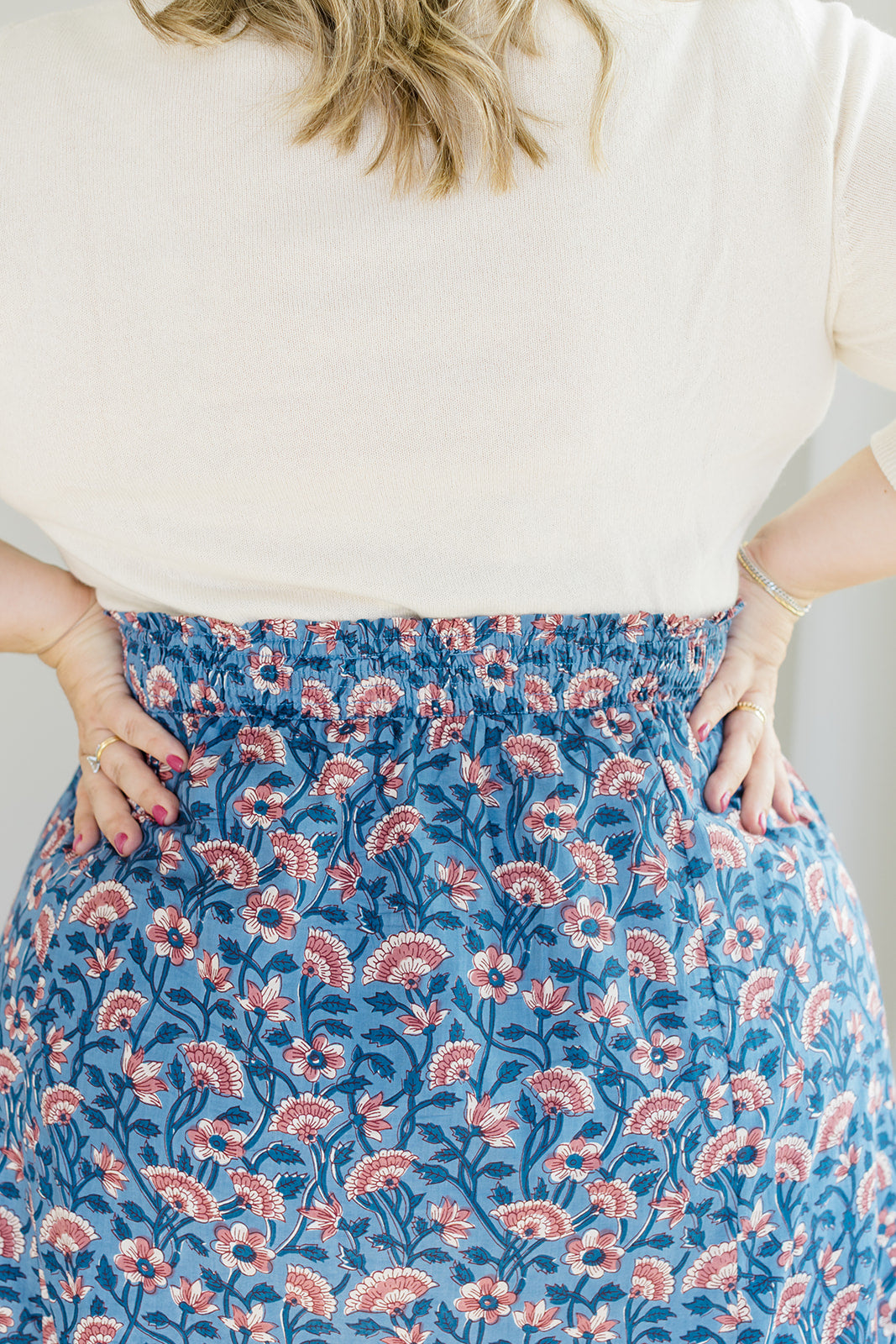 Indigo Bloom Smocked Waistband Midi Skirt The Melissa Skirt by Carla Kiley Collection