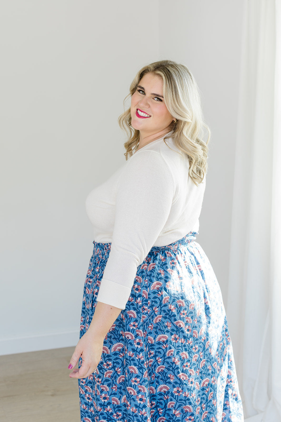 Indigo Bloom Smocked Waistband Midi Skirt The Melissa Skirt by Carla Kiley Collection