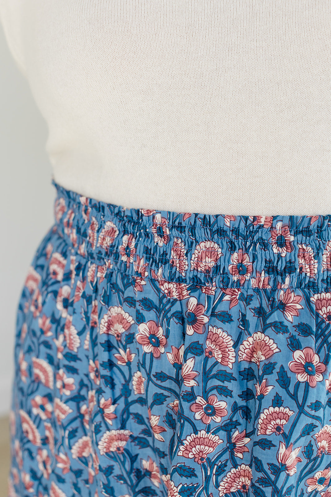 Indigo Bloom Smocked Waistband Midi Skirt The Melissa Skirt by Carla Kiley Collection