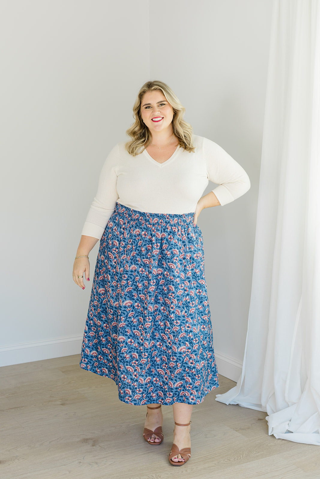 Indigo Bloom Smocked Waistband Midi Skirt The Melissa Skirt by Carla Kiley Collection