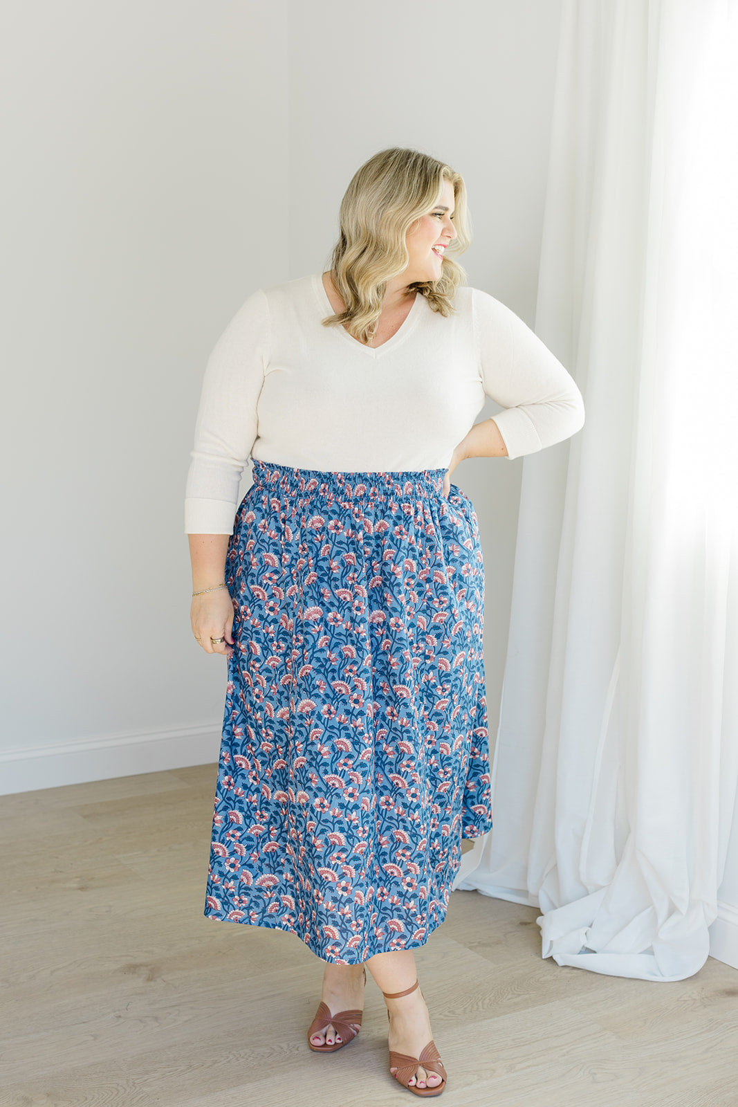 Indigo Bloom Smocked Waistband Midi Skirt The Melissa Skirt by Carla Kiley Collection