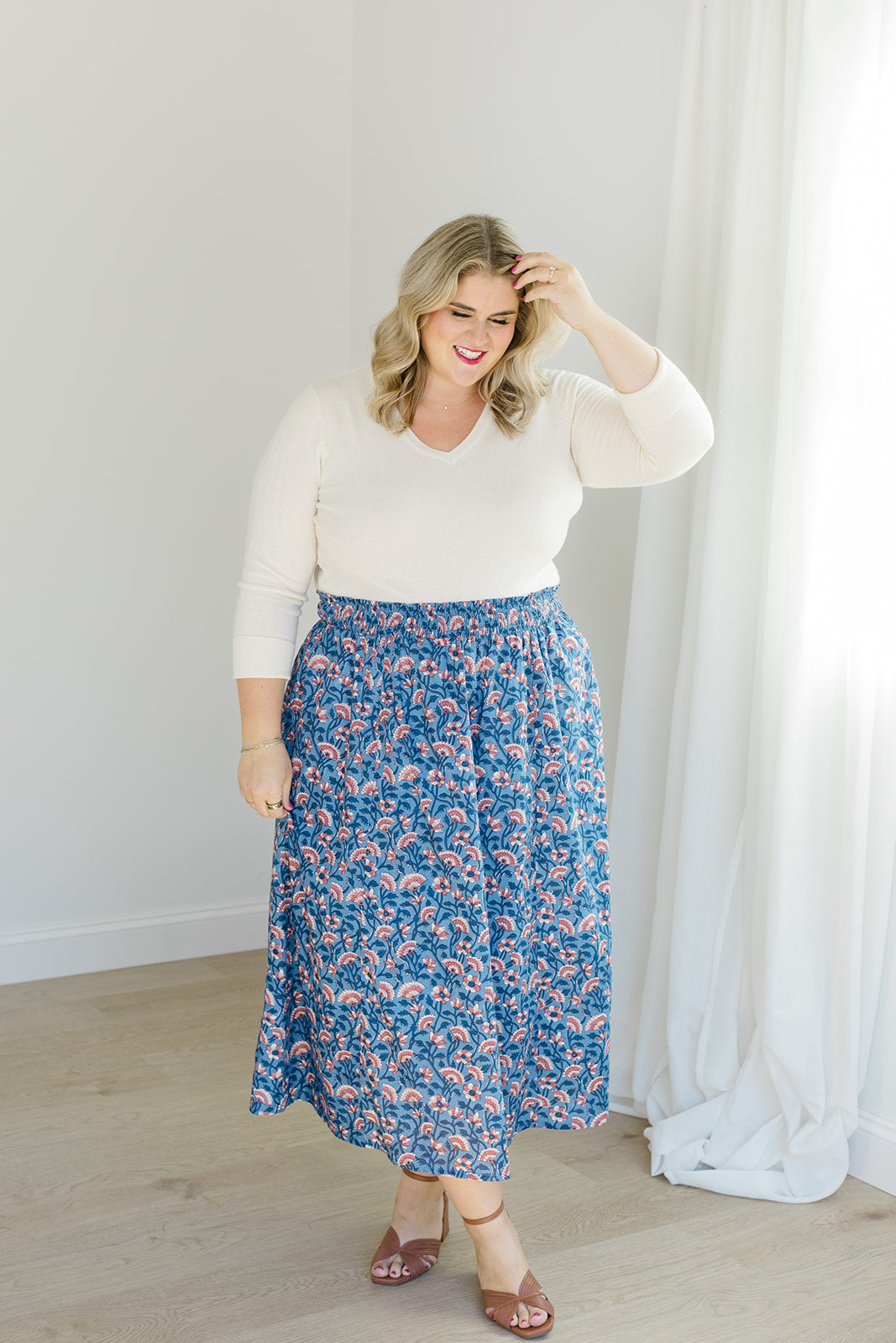 Indigo Bloom Smocked Waistband Midi Skirt The Melissa Skirt by Carla Kiley Collection