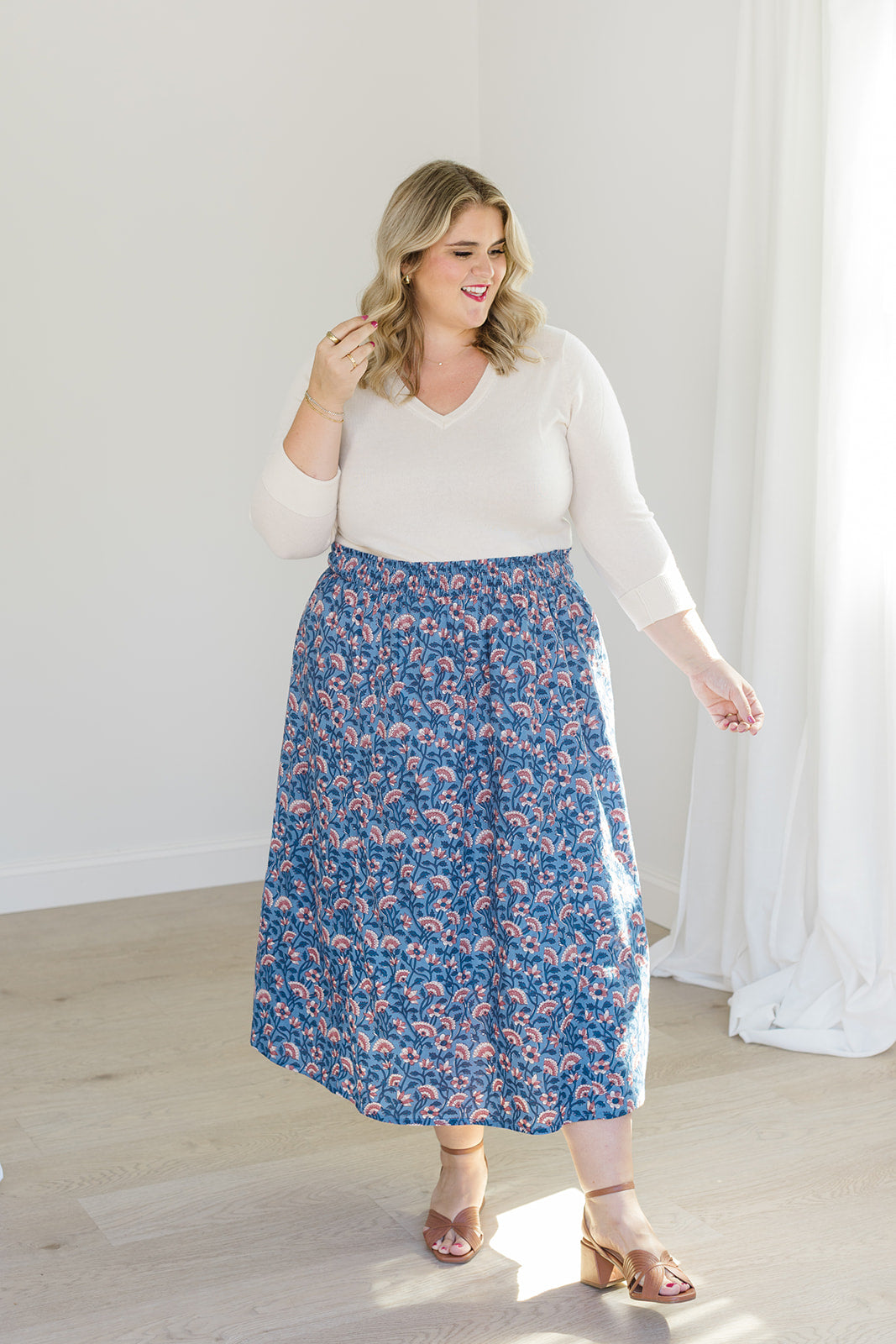 Indigo Bloom Smocked Waistband Midi Skirt The Melissa Skirt by Carla Kiley Collection