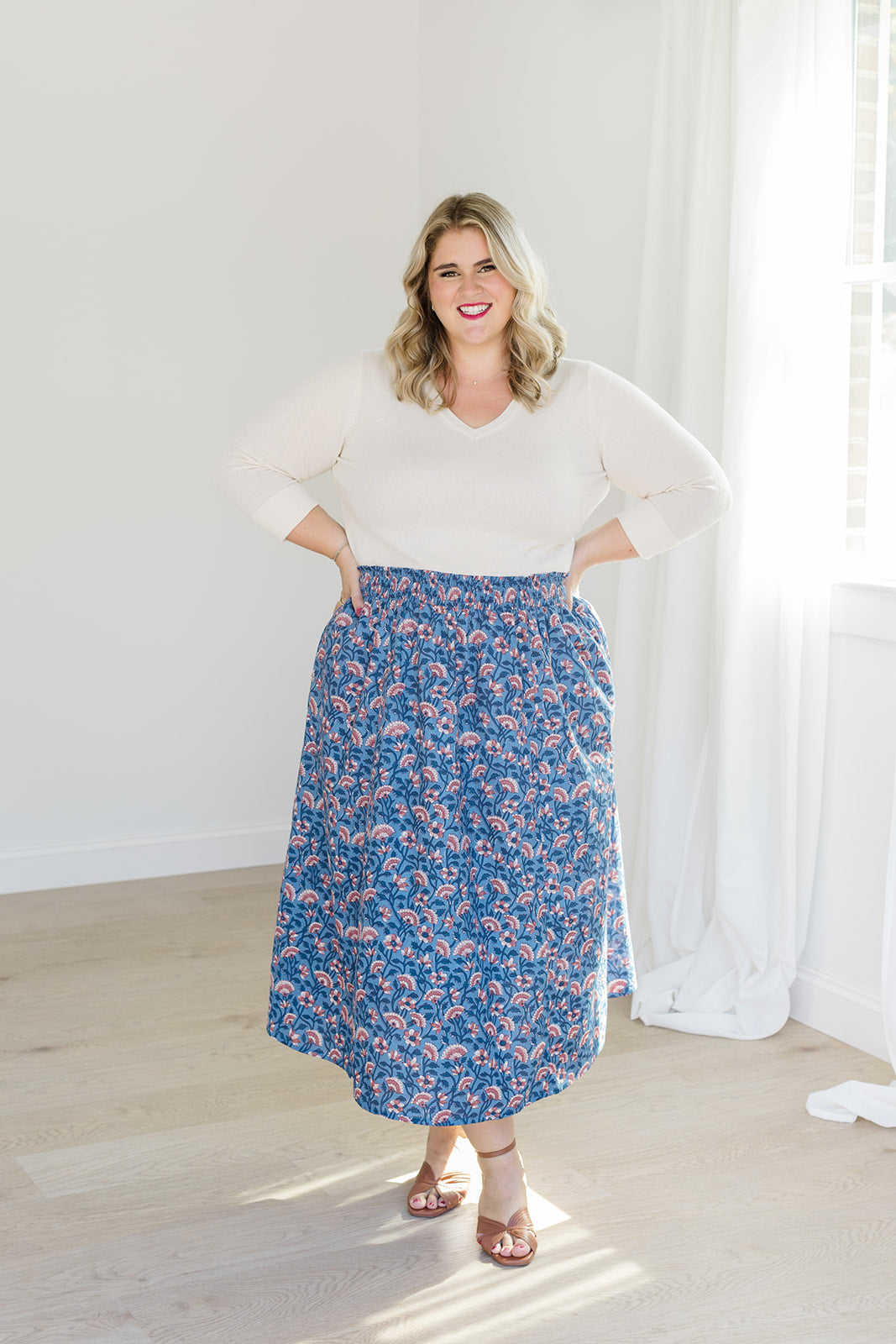 Indigo Bloom Smocked Waistband Midi Skirt The Melissa Skirt by Carla Kiley Collection