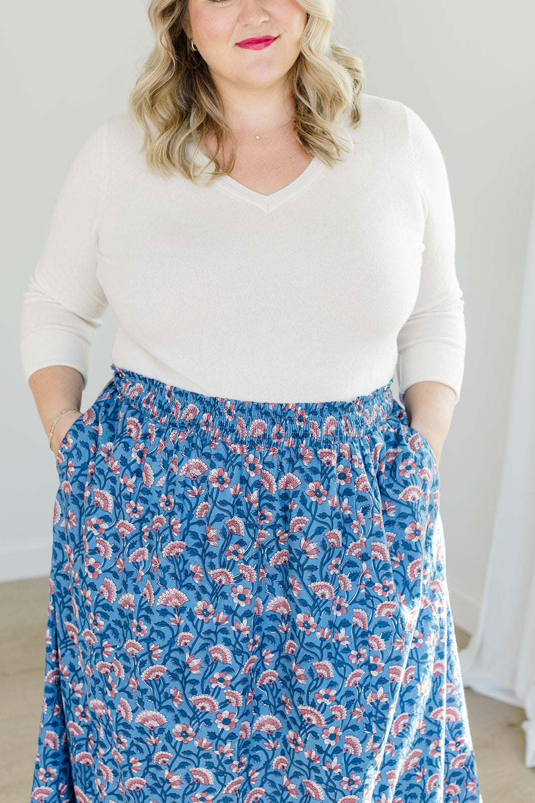 Indigo Bloom Smocked Waistband Midi Skirt The Melissa Skirt by Carla Kiley Collection