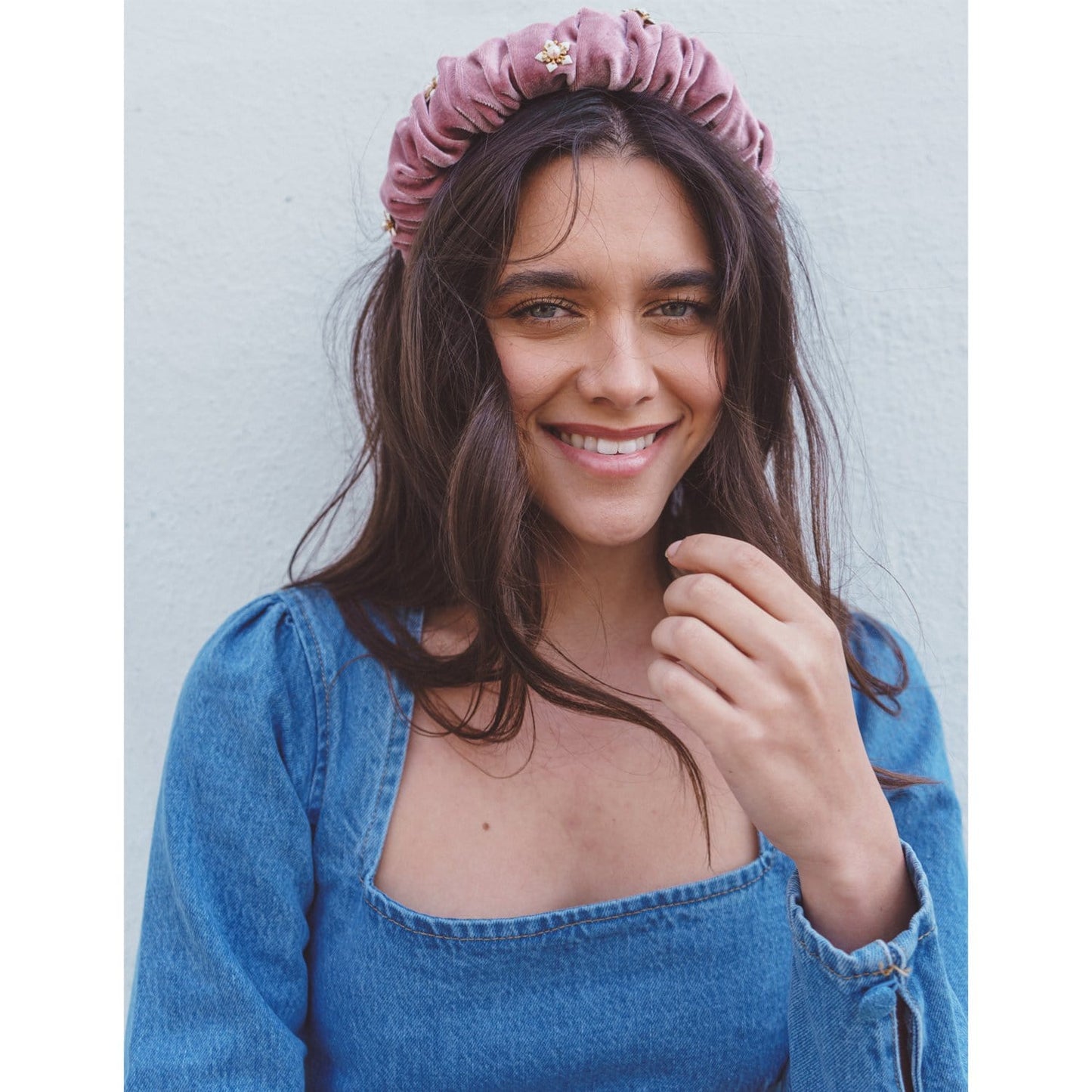 Carnation Soft Velvet Headband with Pearls and Gold Details ADIBA