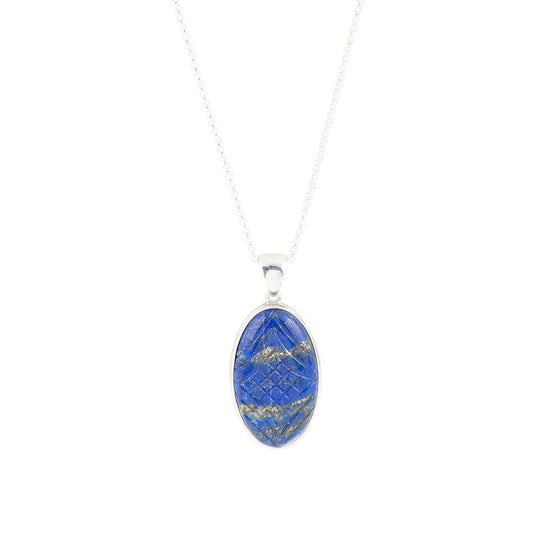 Blue Lapis Carved Sterling Silver Pendant Necklace Barse Jewelry