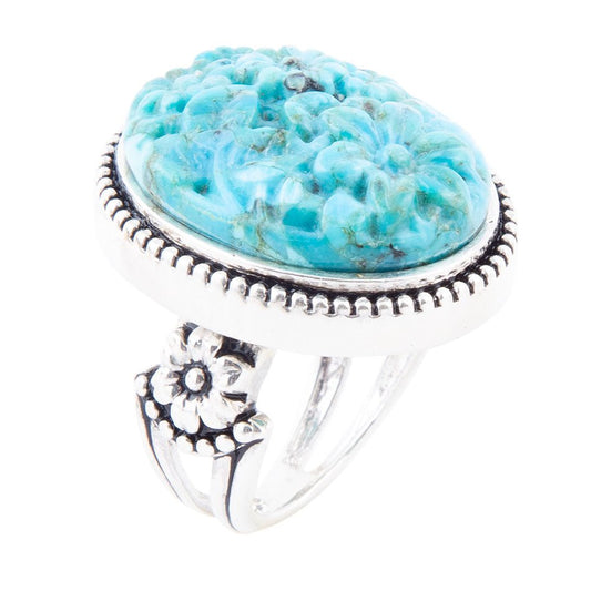 Blue Turquoise Carved Sterling Silver Cocktail Ring