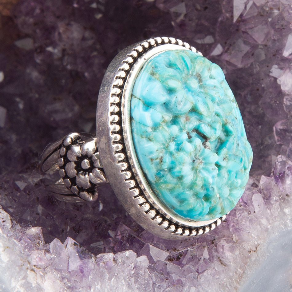Blue Turquoise Carved Sterling Silver Cocktail Ring