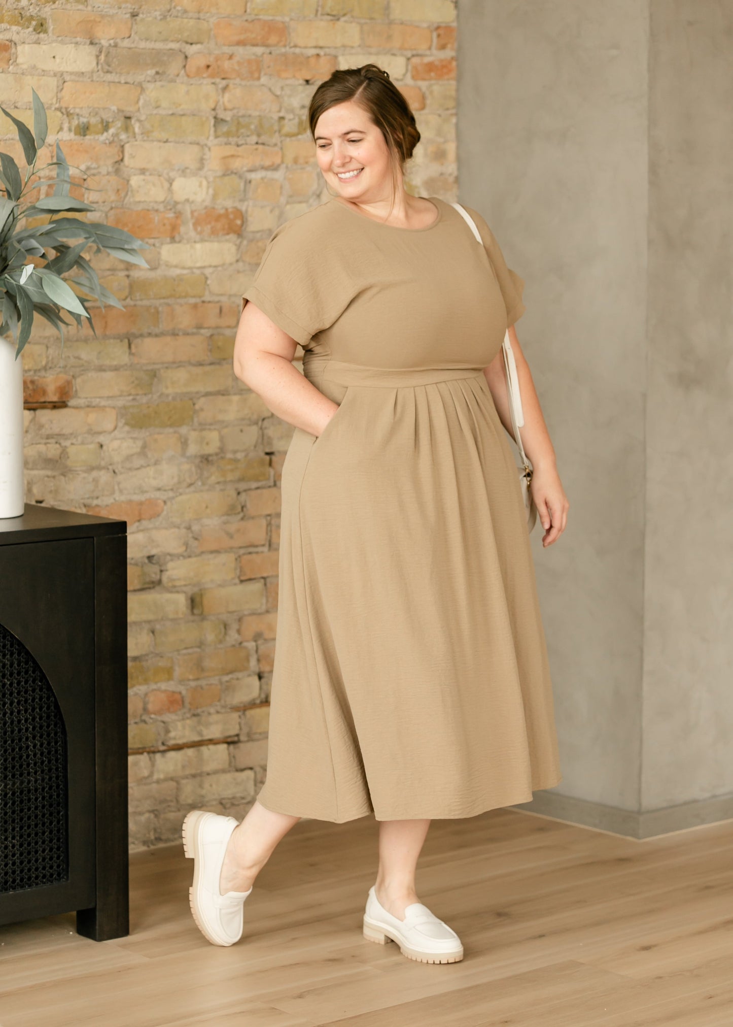 Cassia Black Olive Sand Midi Dress Semi-Fitted Style