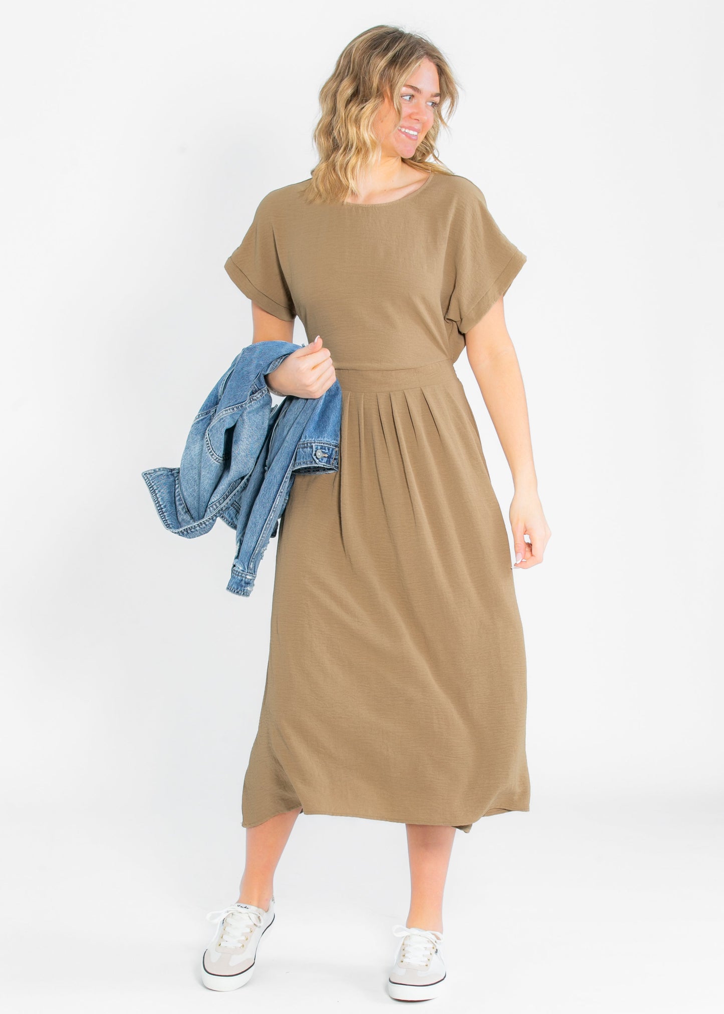 Cassia Black Olive Sand Midi Dress Semi-Fitted Style
