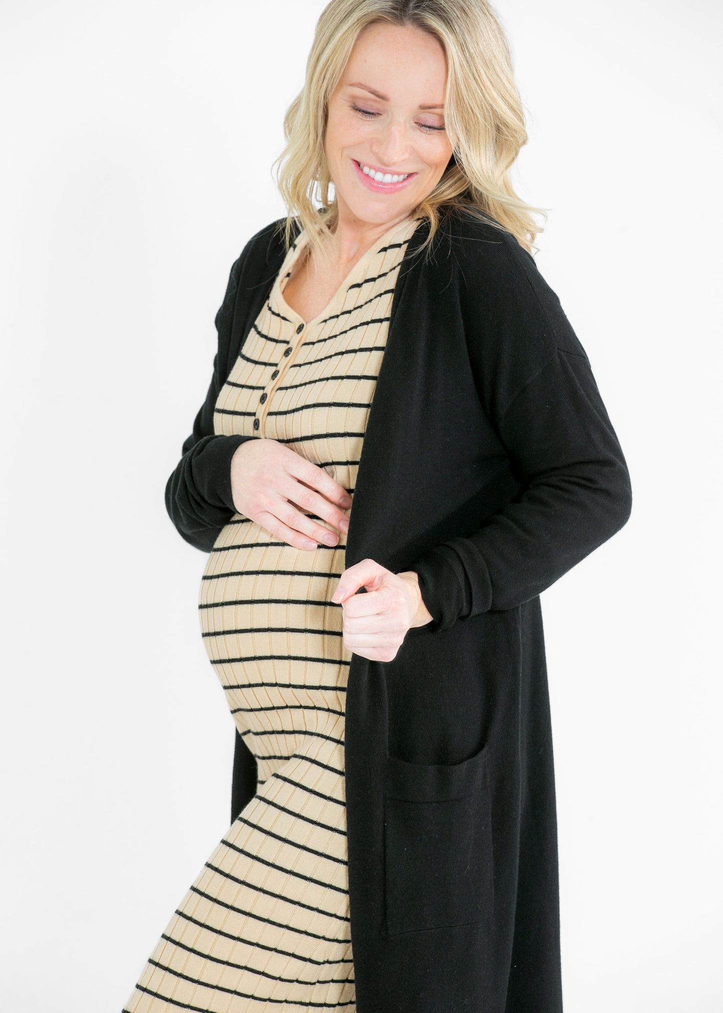 Cassie Knit Quarter Button Midi Dress Ribbed Nursing-Friendly