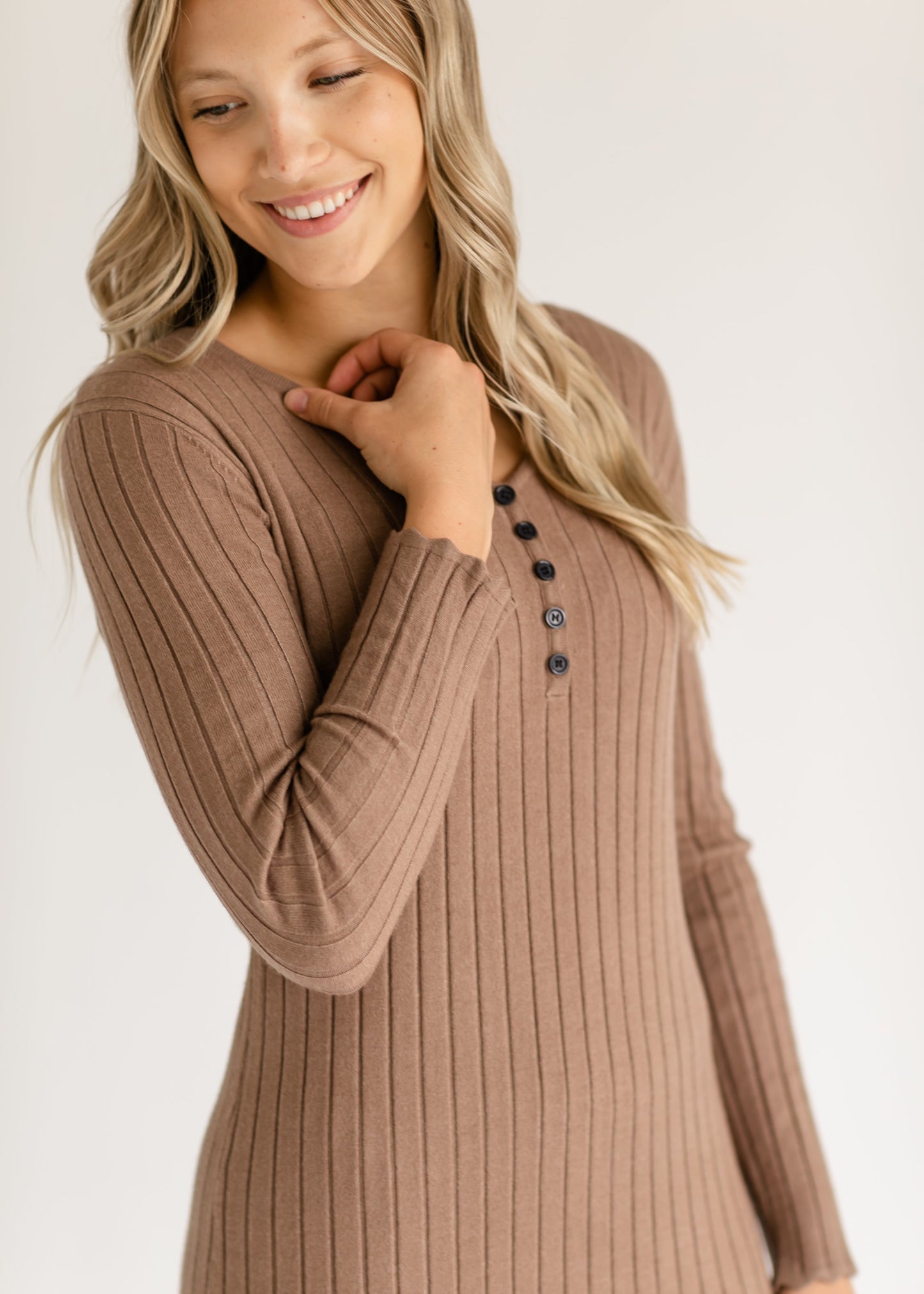 Cassie Knit Quarter Button Midi Dress Ribbed Nursing-Friendly