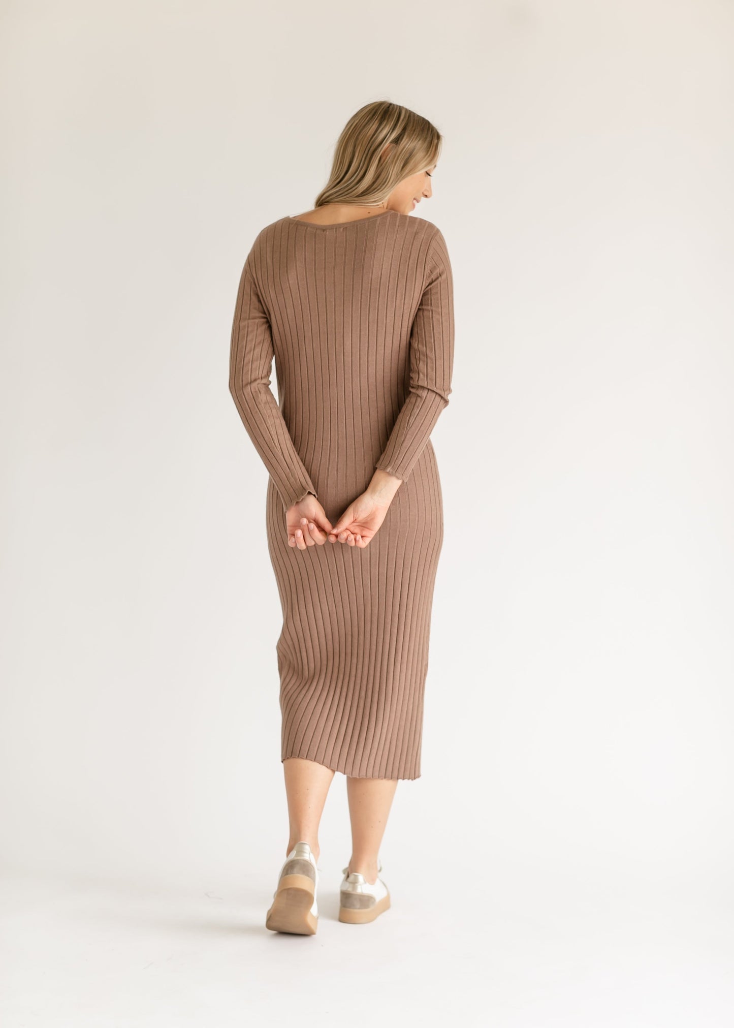 Cassie Knit Quarter Button Midi Dress Ribbed Nursing-Friendly