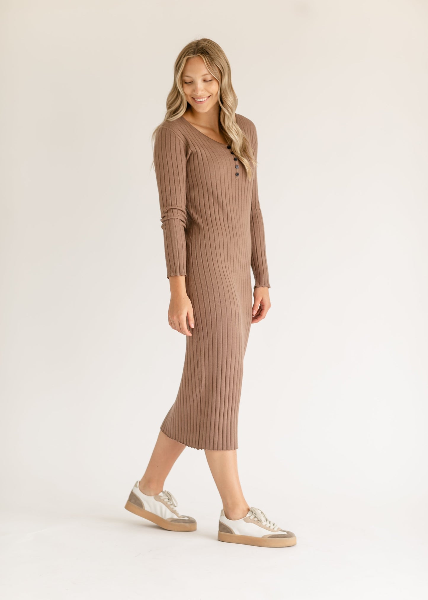 Cassie Knit Quarter Button Midi Dress Ribbed Nursing-Friendly